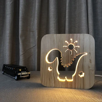 Hayvan dünya dinozor şekli ahşap masa lambası çocuk odası dekorasyon yaratıcı USB gece lambası noel ışıkları kapalı