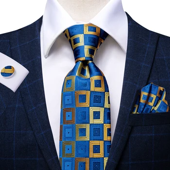 Hi-Kravat Mavi Ekose Altın Lüks ipek kravatlar Erkekler için Hanky Kol Düğmeleri Seti Kravat Resmi Elbiseler İş 100 % İpek Altın Kravat Moda