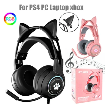 HiFi Stereo PC Kulaklık Oyun Kızlar Pembe Kedi mikrofonlu kulaklıklar RGB ışık PS4 Dizüstü Telefon Siyah Kablolu Kulaklık Hediye