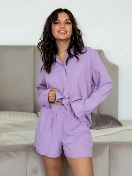 Hiloc Mor Pijama Kadın Pijama Rahat Uzun Kollu kadın Pijama Tek Göğüslü Gevşek Kısa Setleri Bahar 2023 Loungewear