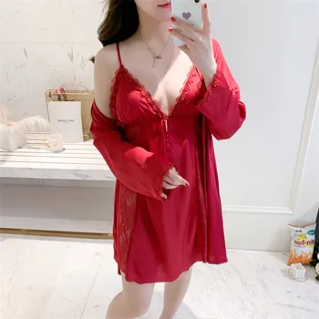 Hollow Out Gecelik Kadınlar İçin Seksi Twinset Bornoz Seti Saten Kimono Bornoz Elbisesi V Yaka Askı Uyku Elbise İç Çamaşırı