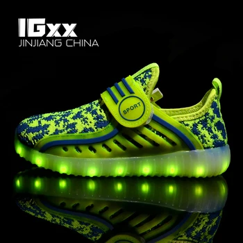 IGxx LED ışıklı ayakkabı Çocuklar Için Kanca ve Döngü En Iyi Hediye USB Şarj Parlayan Ayakkabı LED Çocuk Aydınlık Örgü Spor LED Sneakers Erkek