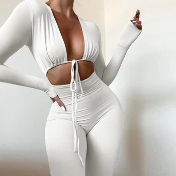 IMCUTE Kadın Tulum Katı Bandaj Backless Kıyafet Genel Seksi Vücut Şekillendirme Kalça Gece Kulübü Kadın Bodycon V Yaka Giyim
