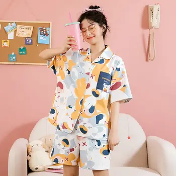 INS Tarzı Pamuk kadın Pijama Yaz Kısa Kollu Pijama Seti Şort Öğrenci İnce Ev Takım Elbise giyilebilir dışında