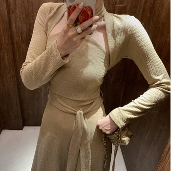 Iki Parçalı Set Sonbahar Kore Zarif Elbise Kadın İnce Retro Rahat Parti Vintage Seti Fransa Tek parça Elbise Uzun Kollu Hırka