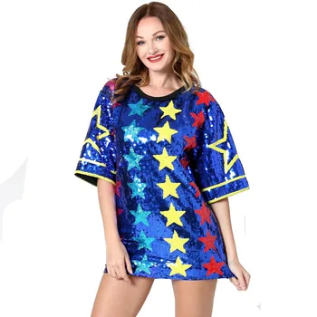 Ilkbahar Yaz Yıldız Sequins T shirt Bayan Moda Harajuku Gevşek Hip hop Uzun Kısa Kollu Gömlek Kadın Giyim Üstleri Kadın