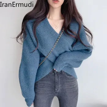 Iranermudı Kadınlar Zarif Örme Kazak Kırpılmış V Boyun Moda Kazaklar Criss Çapraz Sonbahar Kış Kalın Sıcak Dış Giyim Süveter