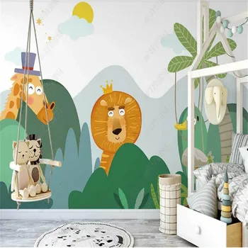 Iskandinav Elle Çizilmiş Karikatür Ahşap Duvar Kağıdı Çocuk Odası için Aslan Zürafa Çocuk Arka Plan duvar kağıtları Ev Dekor Papel De Parede