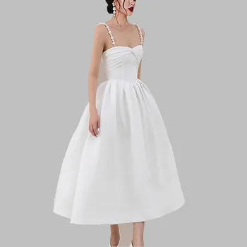 JSXDHK Zarif Yaz Beyaz Parti Elbise 2022 Yeni Tasarımcı Seksi Kadın İnci Spagetti Kayışı İnce Yüksek Bel Uzun Balo Elbise