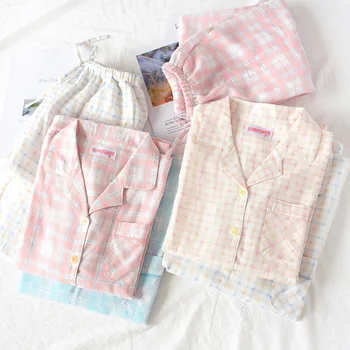 Japon Bahar Sonbahar Çiftler Pijama %100 % Pamuk Uzun Kollu Ekose Ev Giysileri Rahat İki Parçalı Takım Elbise Kadın Pijama