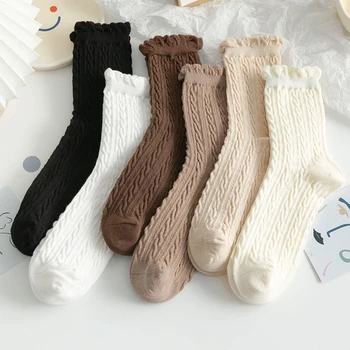 Japon ve Kore Ahşap Kulak Kenar Çorap Kadın Öğrenciler için Orta Tüp Çorap 2022 Yaz Moda Nefes Yumuşak Pamuklu Çorap