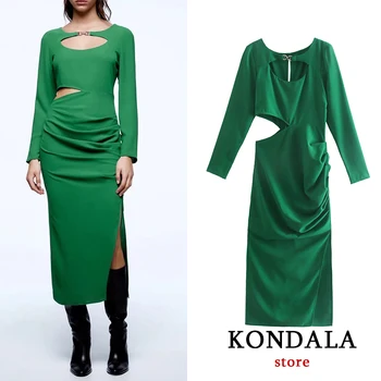 KONDALA Za 2021 Vintage Şık Yeşil Pilili Midi Elbise Kadınlar Uzun Kollu O Boyun Hollow Out Seksi Parti Elbise Zarif Mujer Vestido