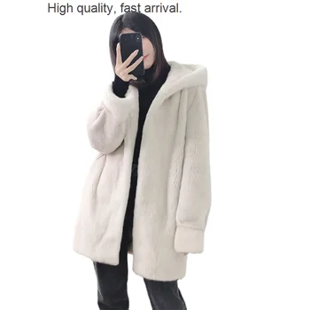 Kadife Sansar Mor Paltolar Kadın Tüm Vizon Kapşonlu Vizon Kürk Ceket Orta Uzunlukta Kış