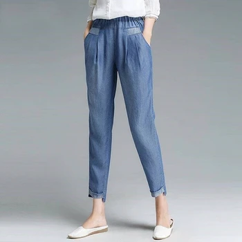 Kadın Ayak Bileği Kot Artı Boyutu Rahat Yüksek Bel harem pantolon Kırpılmış Pantolon Cepler Basit Vintage Yaz Tarzı Yeni Moda
