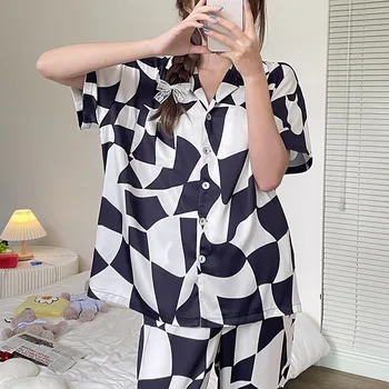 Kadın Bahar Pijama Kısa Kollu İki parçalı Takım Elbise Saten Baskı Pijama uzun pantolon Ev Çift Salonu Seti Artı Boyutu Pijama