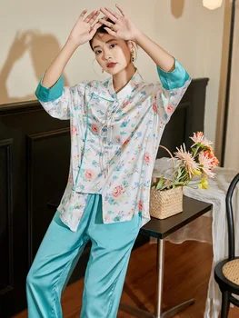 Kadın Baskı Çiçek Pijama Setleri 2 ADET Rayon Pijama Takım Elbise M-XL Pijama Bahar Yeni Kıyafeti Gevşek İç Çamaşırı Ev Pijama Giysileri