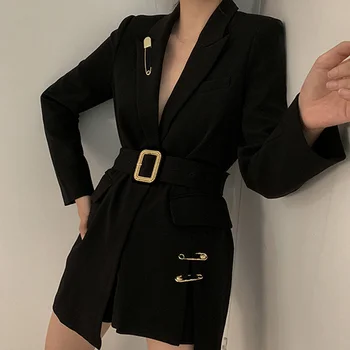 Kadın Blazer Moda Sashes Çentikli Yaka Uzun Kollu Tek Düğme Bölünmüş Ceket Pimleri Siyah Kadın Giyim