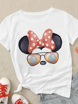 Kadın Disney Moda Güneş Gözlüğü Serisi Tshirt Komik Sevimli Minnie Mouse Karikatür Harajuku Yaz O-boyun T-Shirt