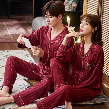 Kadın Ev Tekstili Çift Konfor Gevşek Rahat Bahar Sonbahar Yeni Pijama Erkek Uzun Kollu İpek Saten Pijama Kıyafeti