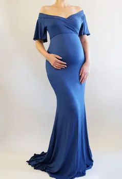 Kadın Gebeler hamile fotoğrafçılığı Cooton V Yaka Omuz Ruffles Katı Elbise Bohemian Gebeler hamile elbisesi Fotoğraf