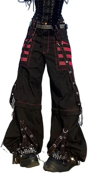 Kadın Gotik Kargo Kot Geniş Düz Bacak Punk Grunge dökümlü pantolon Goth Estetik Streetwear Pantolon