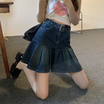 Kadın Kot Yüksek Bel Öğrenci Moda Pilili Etekler Y2k Harajuku kawaii Punk Yaz 90s Kore Zarif A-line etek Eğlence