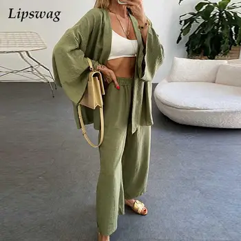 Kadın Moda Katı Üst Hırka Elastik Bel Pantolon Kıyafetler Bayan Uzun Kollu 2 Parça Set Ofis Yaz Rahat V Boyun Takım Elbise