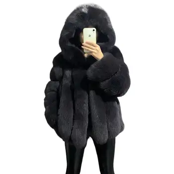 Kadın Moda Tilki Kürk Ceket Büyük Hood İle Süper Sıcak Hakiki Deri Bayanlar Gerçek Kürk Sıcak Kalın Mizaç Ceket Kış için