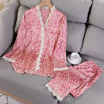 Kadın Pijama 2 ADET Saten Pijama Seti Salonu Aşınma Gömlek ve Pantolon Rahat Leopar Kıyafeti PJS Dantel Patchwork Pijama İç Çamaşırı
