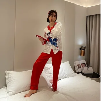 Kadın Pijama 2022 Yeni Zarif Buz İpek Uzun Kollu Ulusal Trend Pijama Seti Kadın 2 Parça kadın Ev Giysileri Pijama