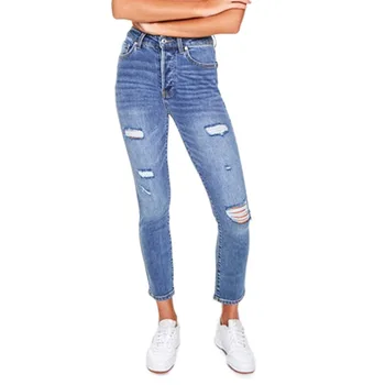 Kadın Skinny Jeans Ripped Streç Ayak Bileği Uzunluğu Pantolon Moda Yüksek Bel Fermuar Fly Kırpılmış Pantolon Delik Kız Kadın Kalem pantolon