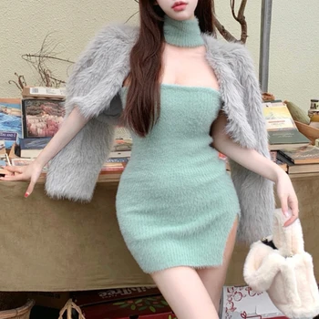 Kadın Sonbahar 2022 Kore Tarzı Sıcak Yumuşak Kaşmir Halter Boyun Dar Uzun kollu Retro Elbise İnce Elbise
