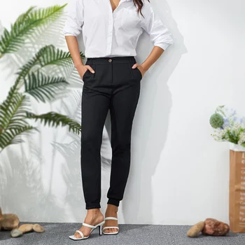 Kadın Sonbahar Ayak Bileği uzunlukta Pantolon, Yetişkin Slim-fit Rahat Düz Renk Pantolon Cepler ile