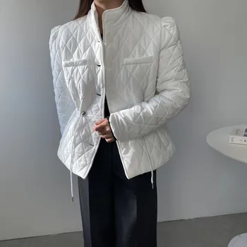 Kadın Sonbahar Kış Elmas Desen İpli Bel Pamuk kapitone ceket Bayan Standı Yaka Tek Göğüslü Yastıklı Dış Giyim