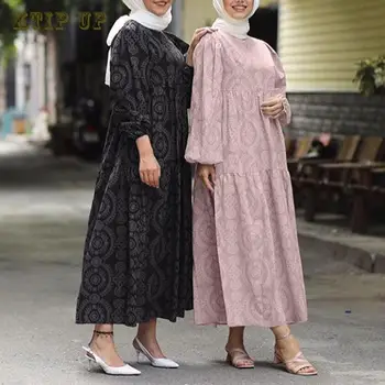 Kadın Sonbahar O-Boyun Tam Kollu Ruffles Hem Sundress Puanl Baskı Müslüman Elbise Femme Moda Parti Abaya Kaftan Robe Jilbab