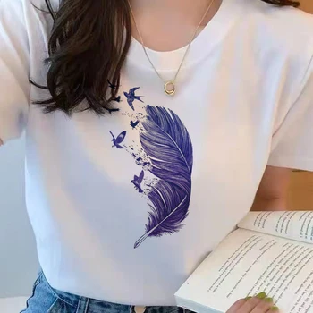 Kadın T-Shirt 2020 Yaz Sevimli Tüy Baskı Kadın T-Shirt Kadın Rahat Harajuku Üst Kısa Kollu Bayan kore tişört
