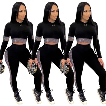 Kadın Uzun Kollu O-Boyun Kırpma Üst Ve kalem pantolon Taklidi Patchwork Siyah Renk 2 Parça Set Gece Clubwear Elbise Kıyafetler