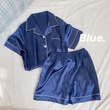 Kadın Yaka Pijama Set Rahat Düz renk Pijama Yaz Buz Ipek Saten Mavi Kısa Kollu Ev Bayanlar gecelik