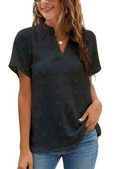 Kadın Yaz Rahat T-shirt Tops Katı V Yaka Kısa Kollu Nokta Zarif Gevşek Şifon Bluzlar 2022 Yeni Moda Harajuku Gömlek