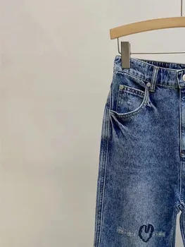 Kadın Yüksek Bel Kot Pantolon 2022 Sonbahar Bayanlar Kalp Desen İşlemeli Moda Yeni Düz Uzun Kot Pantolon