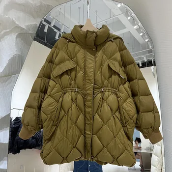 Kadın kıyafetleri Aşağı pamuklu ceket Kore Kapşonlu İpli Bel Gevşek Uzun Kollu Düz Renk Kış Kadın Parkas Ceket Abrigos