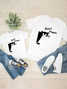 Kadın Çocuk Çocuk Giyim Kedi Komik Yüz Güzel Grafik T-shirt Tee Erkek Kız Yaz Anne Anne Giysileri Aile Eşleştirme Kıyafetler