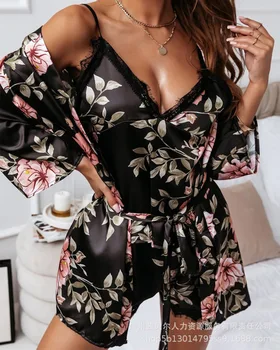 Kadın Üç parçalı Set 2022 Moda Seksi Siyah Çiçek Baskı Sling Şort Hırka Pijama Üç Parçalı Vintage Zarif Takım Elbise