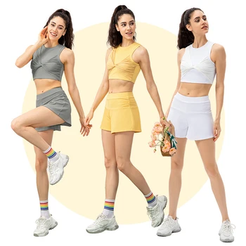 Kadın İki Adet Spor Yoga Seti Düz Renk Nervürlü Kısa Spor Kolsuz Kırpma Üst Yüksek Bel Şort Egzersiz Spor Takım Elbise