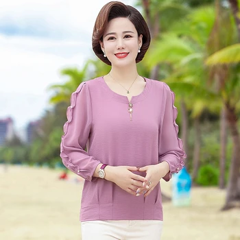 Kadın İlkbahar Sonbahar Stil şifon bluz gömlek Bayan Rahat Gevşek Tarzı Uzun Kollu O-boyun Şifon Blusas Tops