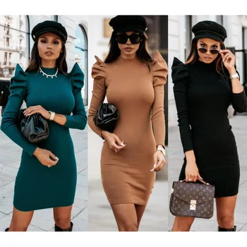 Kadın İnce Örme Elbise Bodycon Standı Yaka Mini Elbise Kış Uzun Kollu Puf Kollu Zarif Kazak Günlük Elbiseler
