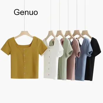Kadınlar 2020 Yaz Düğmeli tişört Rahat Örme Seksi Sıska T Shirt Kısa Kollu Düğme Tee Gömlek Kadın Katı Üstleri