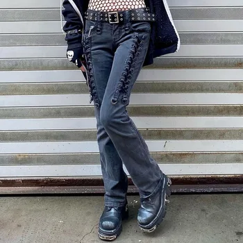 Kadınlar Chic Uzun Kot Düşük Bel Çapraz Kayış Bandaj Vintage Şık Vahşi Eşleşen Streetwear Basit Fit Kargo Pantolon