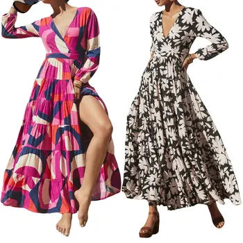 Kadınlar Geometrik Çiçek uzun elbise Uzun Kollu V Yaka Kontrast Renk Güz Yarık Zarif Parti Elbise Tatil Plaj Sundress