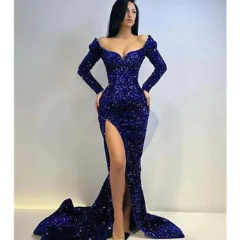 Kadınlar Lüks Mavi Payetli Maxi Elbise Zarif Bayanlar Doğum Günü Akşam Parti Kokteyl Ünlü Şarkıcı Performans Kostüm